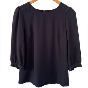 H&M Navy Blue Long-Sleeved Blouse with Bead Embellishments on Shoulders, Size M